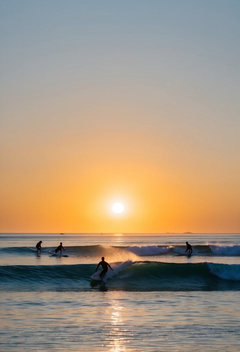 10 Best Beaches in Los Angeles: Your Guide to Sun, Sand, and Surf 7 The sun sets over the calm waters of Malibu Lagoon, with surfers catching waves at Surfrider Beach, one of the top 10 beaches in Los Angeles