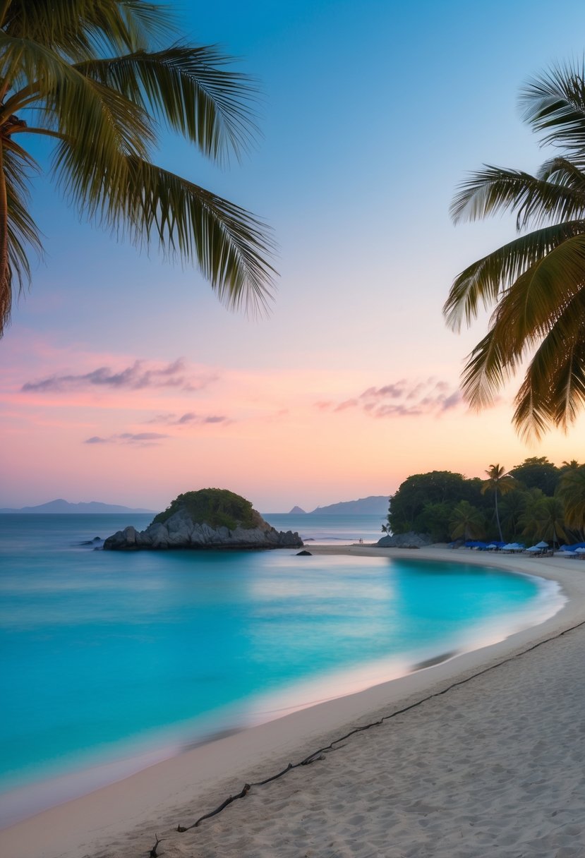 10 Best Beaches in Los Angeles: Your Guide to Sun, Sand, and Surf 8 Sunset over calm turquoise waters, palm trees lining the sandy shore, and a distant rocky cove at Paradise Cove Beach