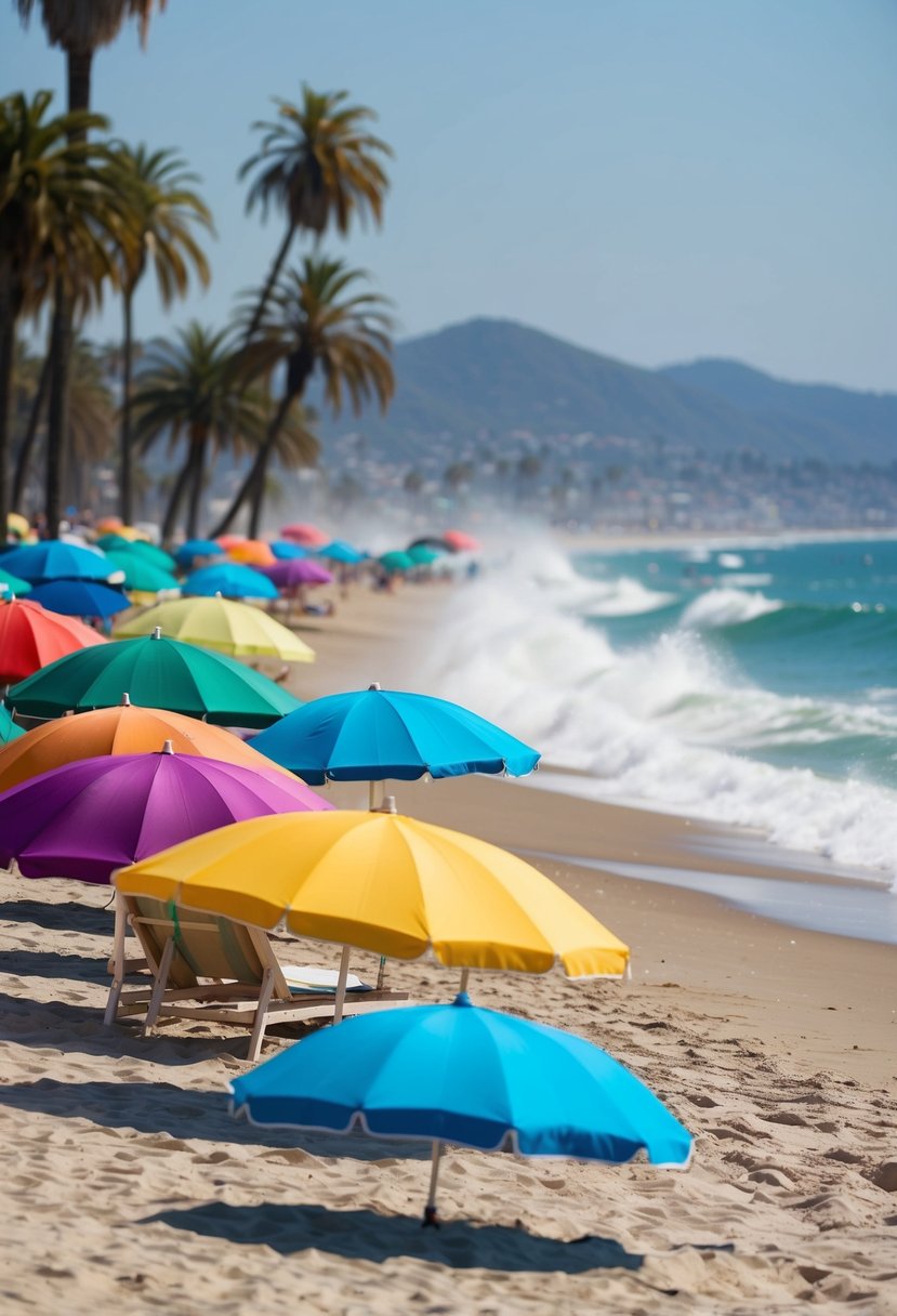 10 Best Beaches in Los Angeles: Your Guide to Sun, Sand, and Surf 9 Colorful umbrellas dot the sandy shoreline of Venice Beach, with palm trees swaying in the background and waves crashing against the shore