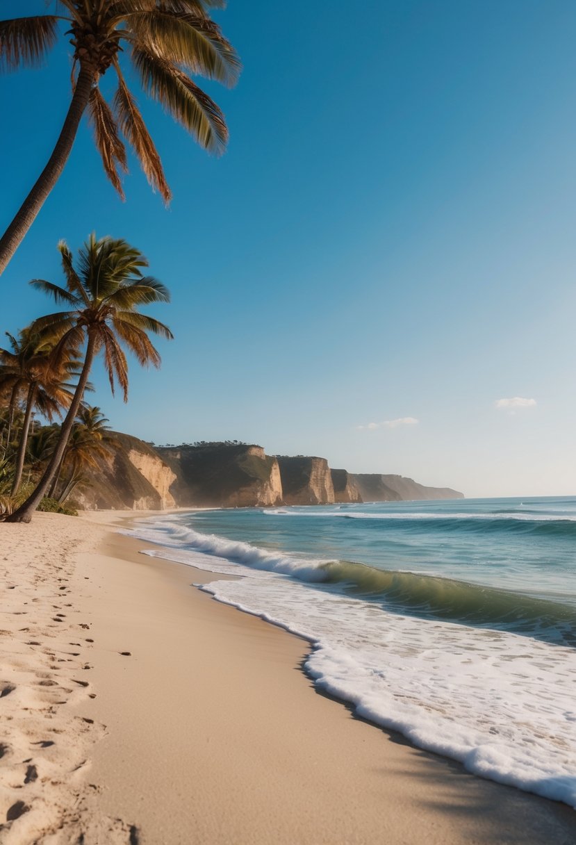 10 Best Beaches in Los Angeles: Your Guide to Sun, Sand, and Surf 10 A sandy shore with gentle waves, palm trees, and distant cliffs under a clear blue sky