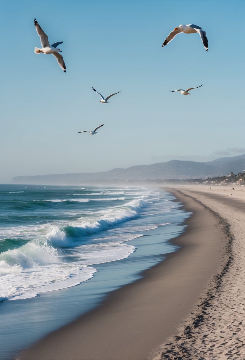 10 Best Beaches in Los Angeles: Your Guide to Sun, Sand, and Surf 11 A wide, sandy beach stretches along the Pacific Ocean, with waves crashing against the shore and seagulls flying overhead