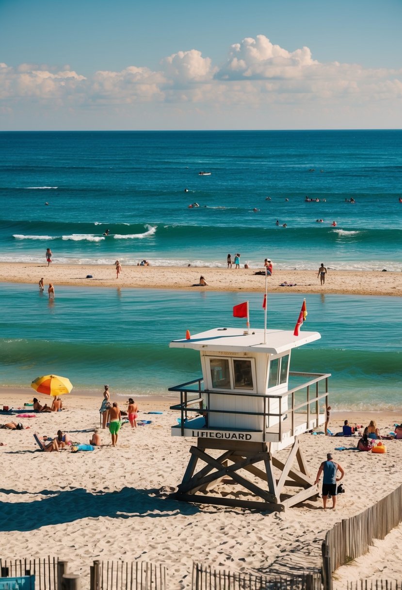 10 Best Beaches in Los Angeles: Your Guide to Sun, Sand, and Surf 12 A lifeguard tower overlooks a wide, sandy beach with clear blue waters and gentle waves. Sunbathers and families enjoy the sunshine while others engage in water sports