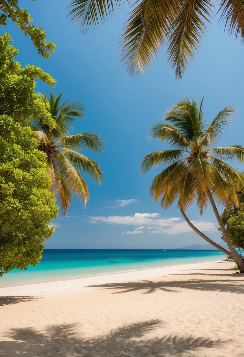 10 Best Beaches in Los Angeles: Your Guide to Sun, Sand, and Surf 13 A serene beach with clear blue waters, golden sand, and palm trees, surrounded by lush greenery and clean, unpolluted air