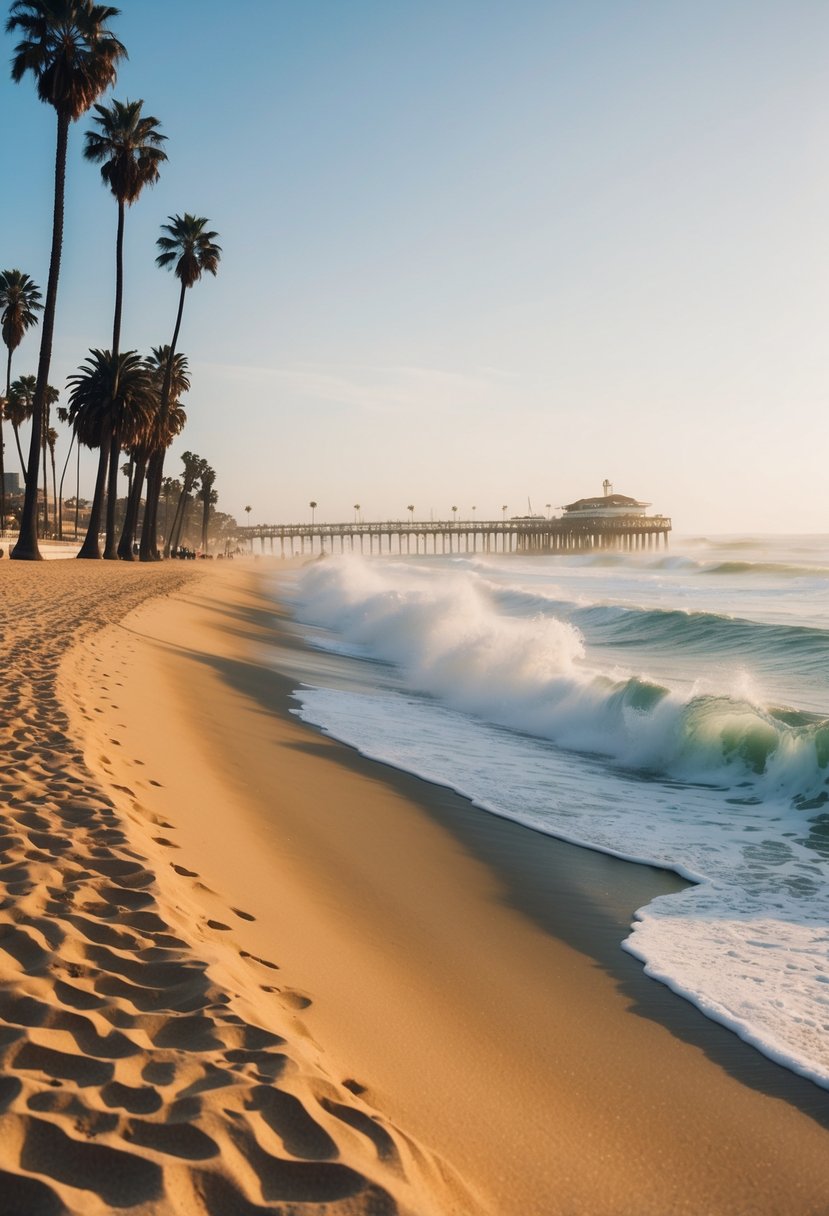 10 Best Beaches in Los Angeles: Your Guide to Sun, Sand, and Surf 15 Golden sand stretches along the coastline, framed by crashing waves and palm trees, with the iconic Santa Monica Pier in the distance