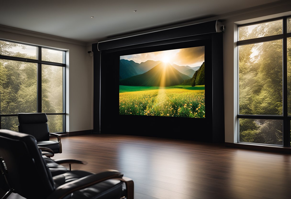 A projector casting vibrant images onto a large screen in a dimly lit room, while speakers emit crisp audio, creating an immersive AV presentation experience