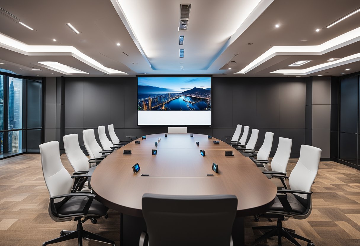 A sleek, modern conference room with a large screen displaying dynamic visuals, surrounded by cutting-edge AV equipment and interactive presentation tools