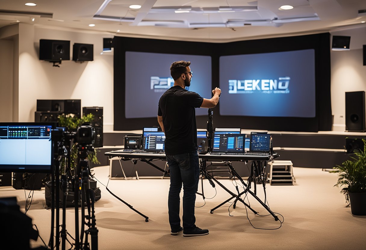 An AV technician setting up equipment for a presentation with a large screen, projector, and audio system in a dimly lit room