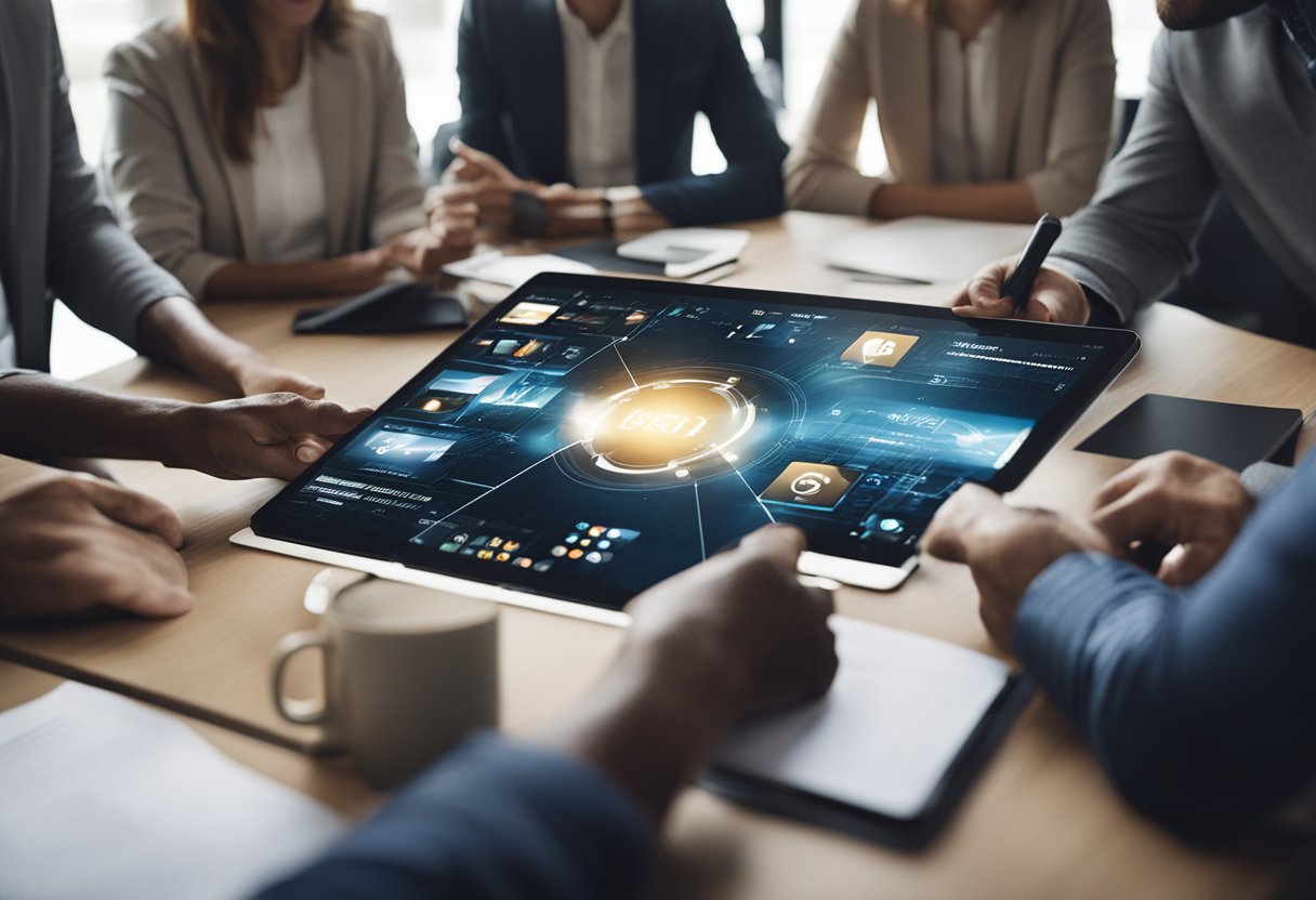 A group of people collaborating on a digital platform, sharing ideas and working together in a seamless and intuitive user experience