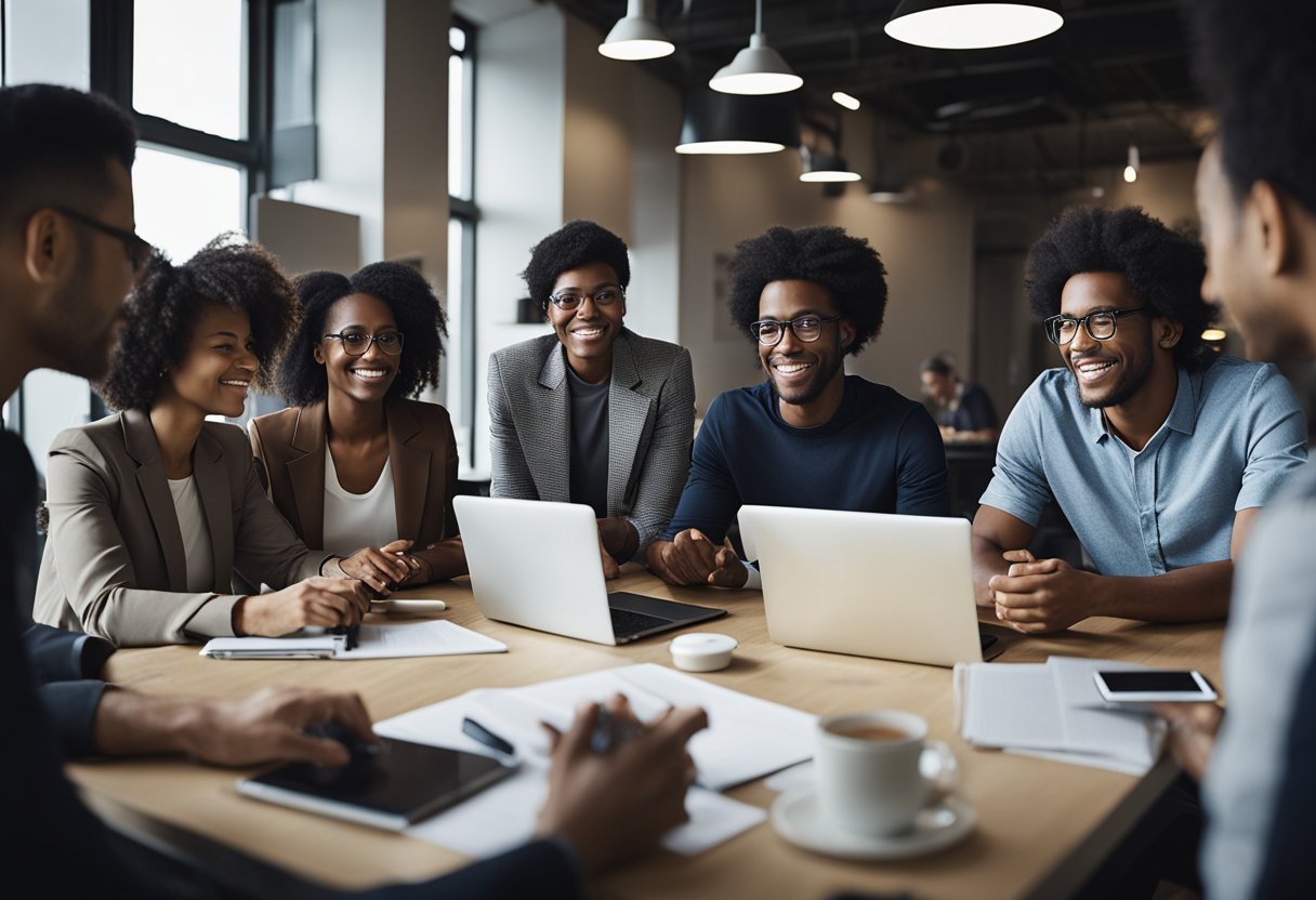 A group of diverse individuals working together on a digital platform, sharing ideas and feedback in a collaborative and user-friendly environment