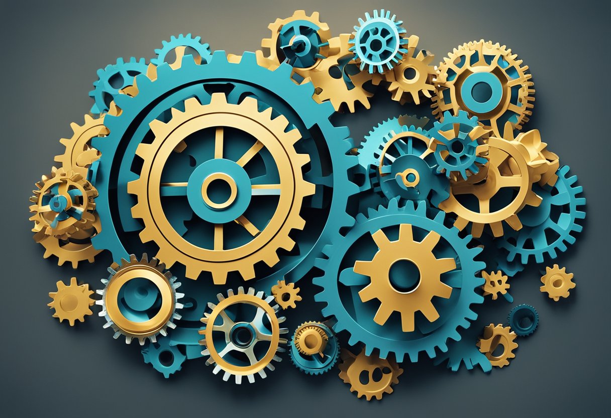 A group of interconnected gears and cogs, each representing a different aspect of user experience and collaboration metrics, turning and working together in harmony