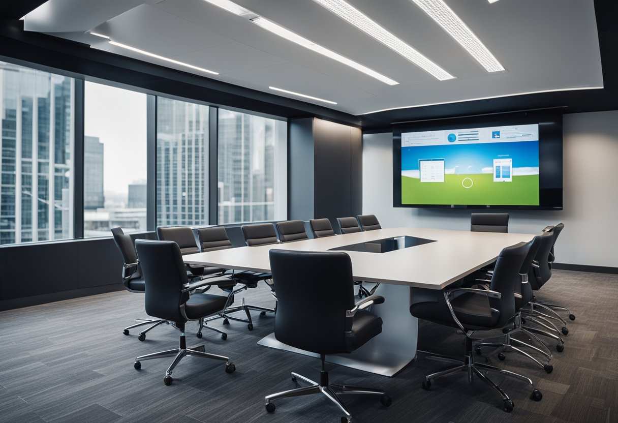 A modern meeting room with advanced technology, including interactive displays, video conferencing equipment, and wireless connectivity