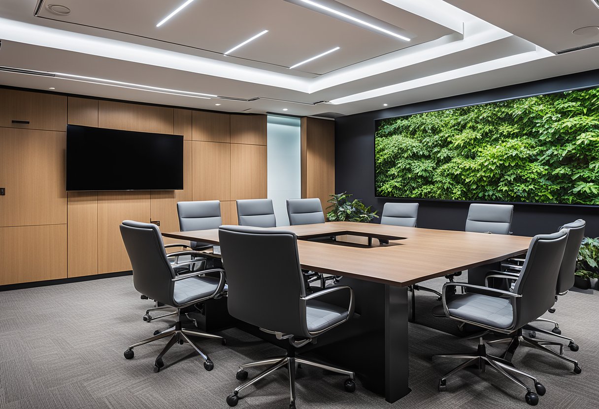 A sleek, modern meeting room with state-of-the-art technology seamlessly integrated into the space, including interactive displays, video conferencing equipment, and smart lighting controls