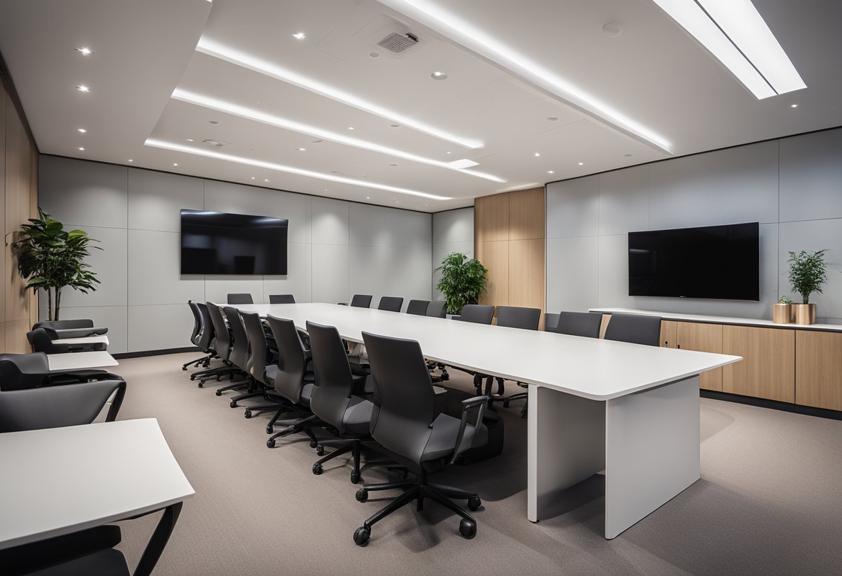 A sleek, modern meeting room with advanced MLV Teknologi technology seamlessly integrated into the space, enhancing collaboration and productivity