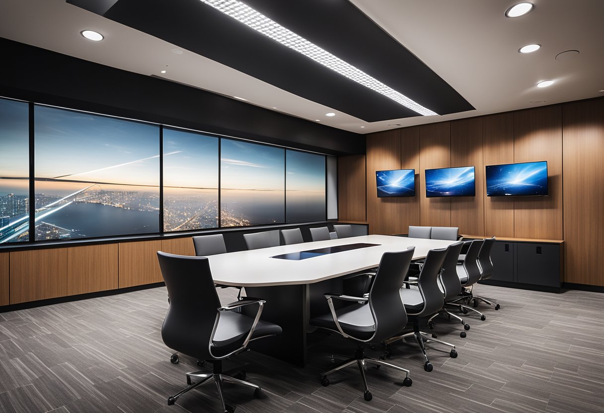 A sleek, modern meeting room with advanced technology seamlessly integrated into the space, including interactive displays, video conferencing equipment, and smart control systems