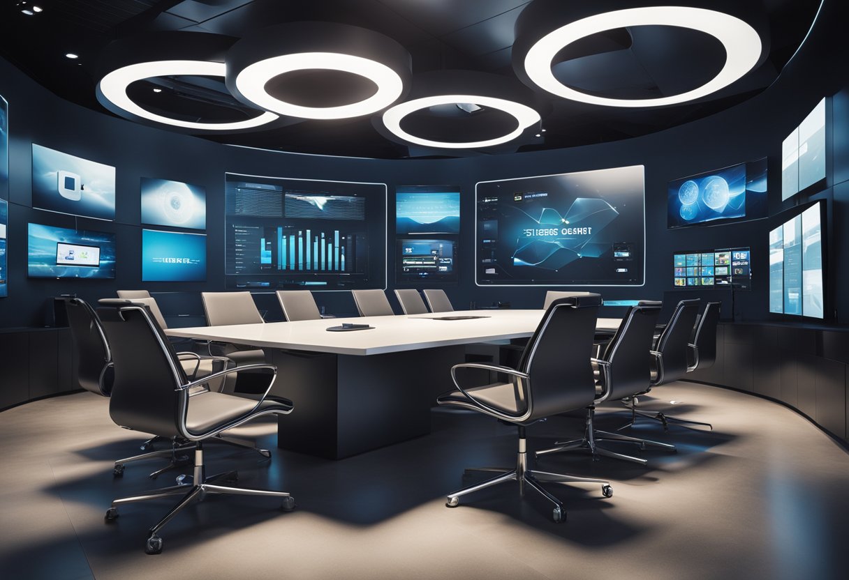 A modern meeting room with advanced technology and interactive displays, surrounded by futuristic gadgets and devices