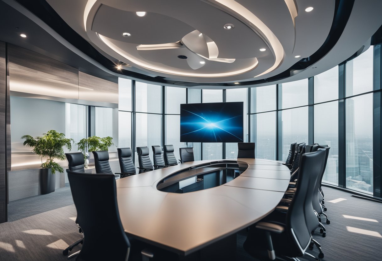 A sleek, modern meeting room with advanced technology integrated into the design, including interactive screens, video conferencing equipment, and smart control systems