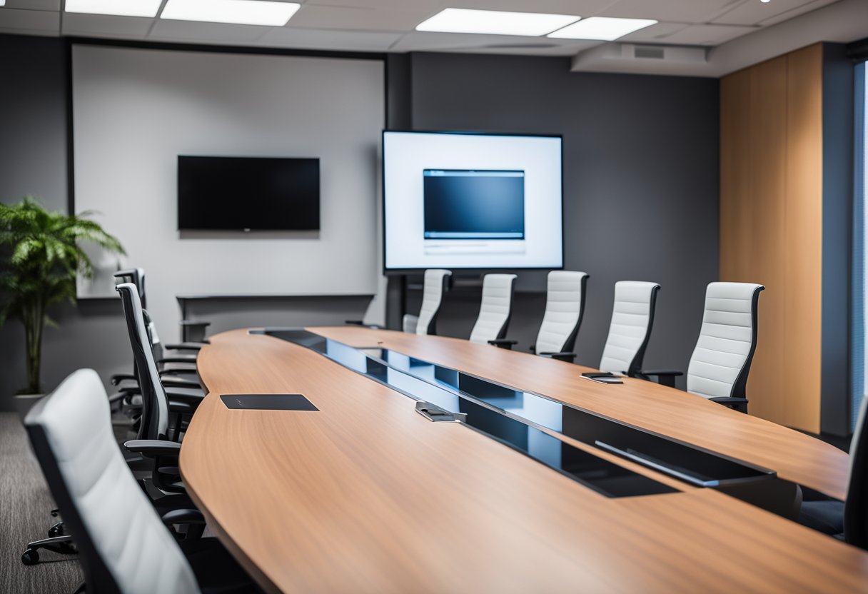 A modern meeting room with sleek, high-tech equipment, including interactive displays, video conferencing capabilities, and advanced audiovisual systems