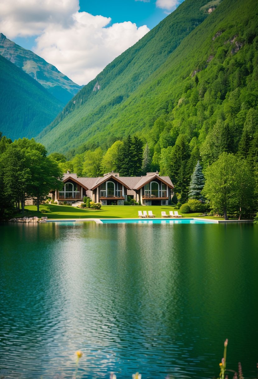 10 Best Resorts in Virginia for an Unforgettable Getaway 1 Lush green mountains surround the best resorts in Virginia, nestled beside a serene lake, featuring elegant cabins and a sparkling pool.