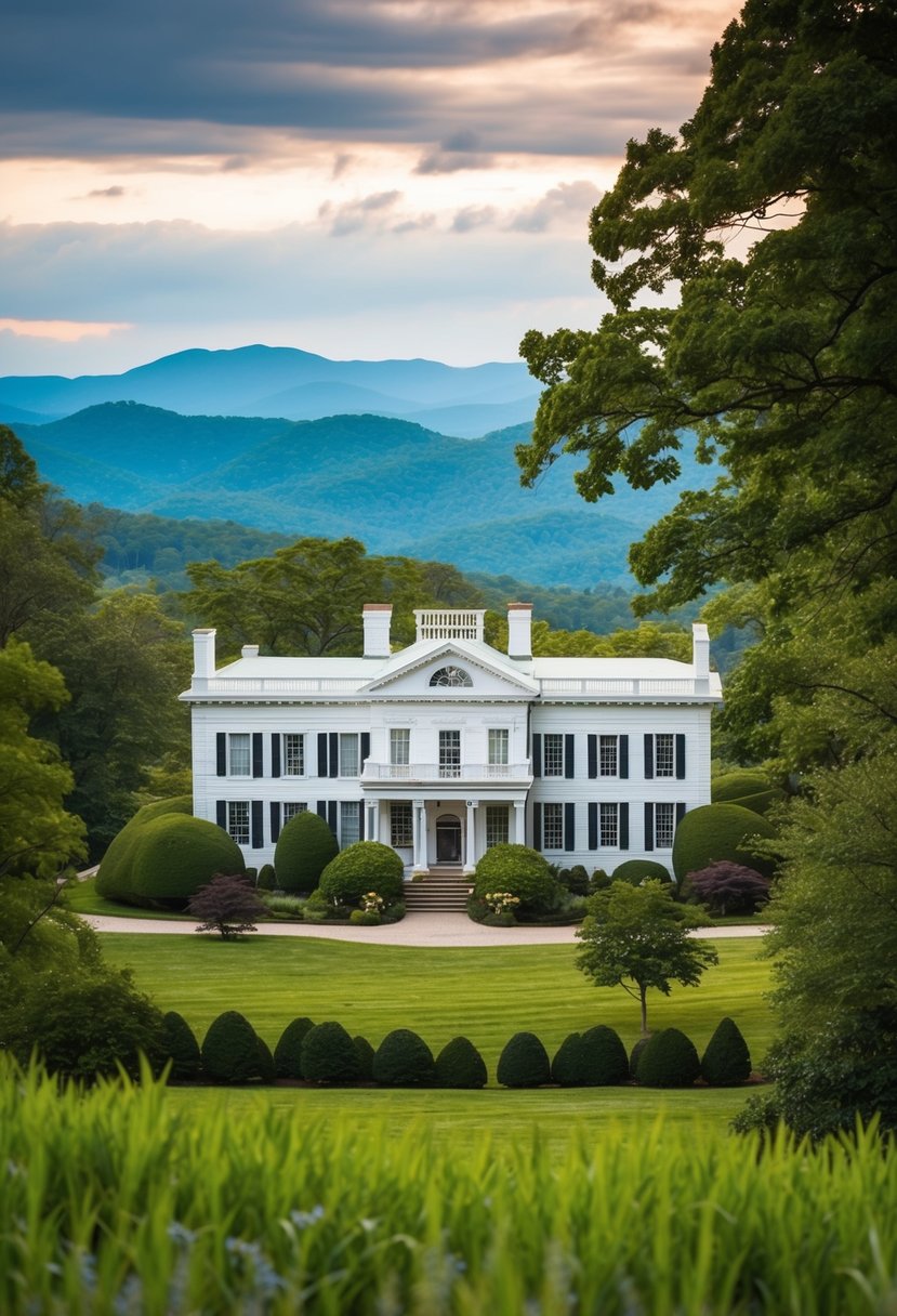 10 Best Resorts in Virginia for an Unforgettable Getaway 4 A grand, stately mansion surrounded by lush greenery and rolling hills, with a backdrop of the Blue Ridge Mountains