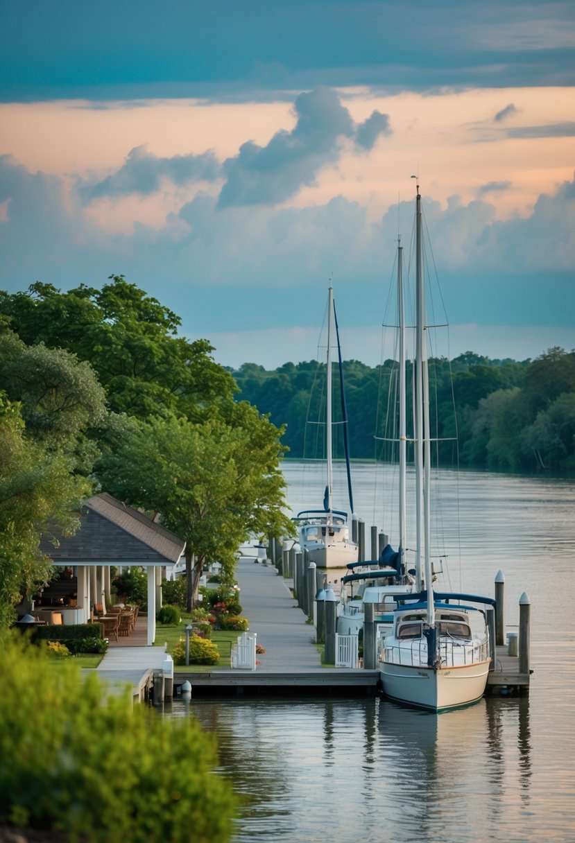 10 Best Resorts in Virginia for an Unforgettable Getaway 5 A serene waterfront resort with a dock, sailboats, and lush greenery on the banks of a tranquil river