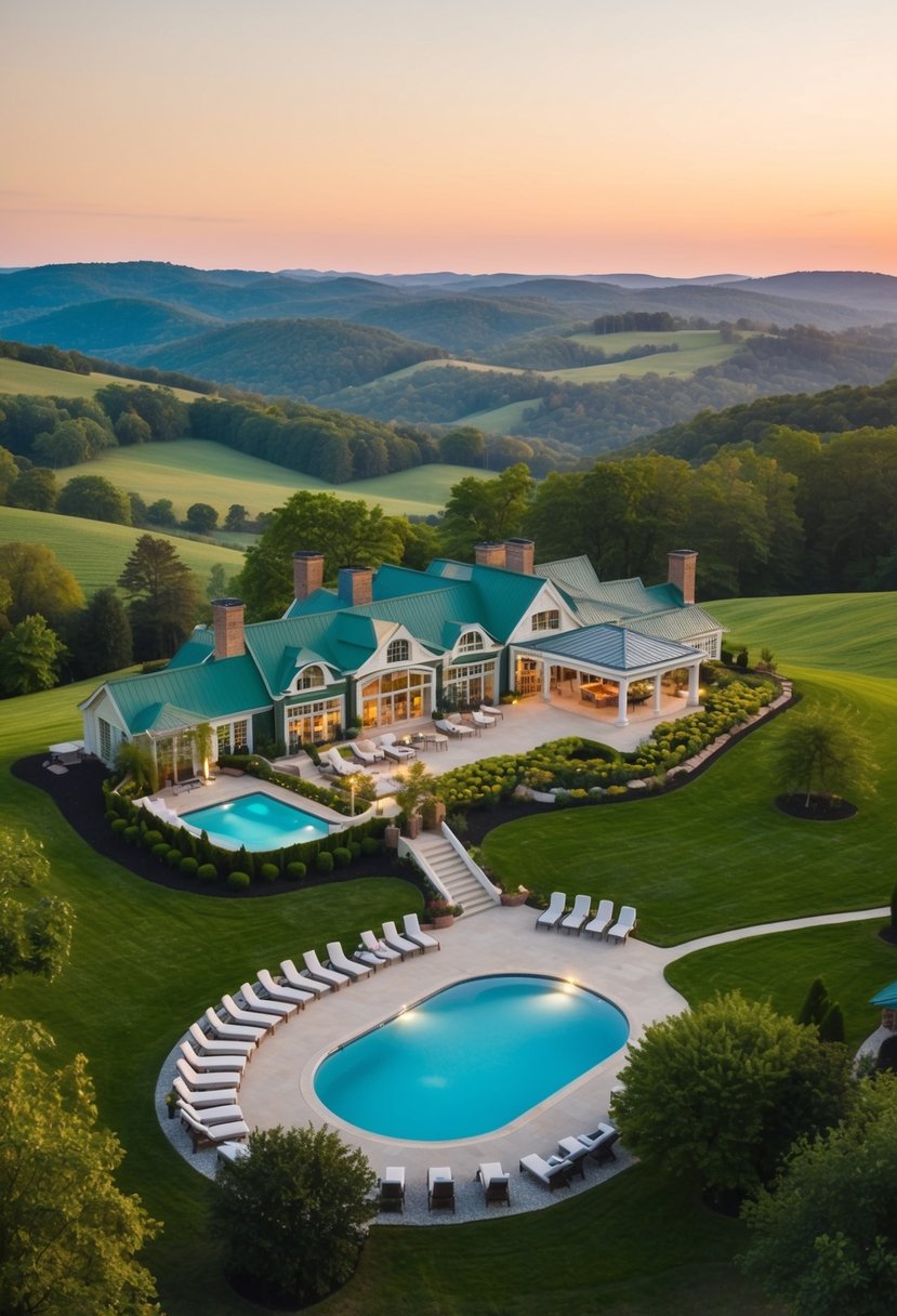 10 Best Resorts in Virginia for an Unforgettable Getaway 7 A luxurious resort nestled in the Virginia countryside, surrounded by rolling hills, lush greenery, and a tranquil spa with a serene pool