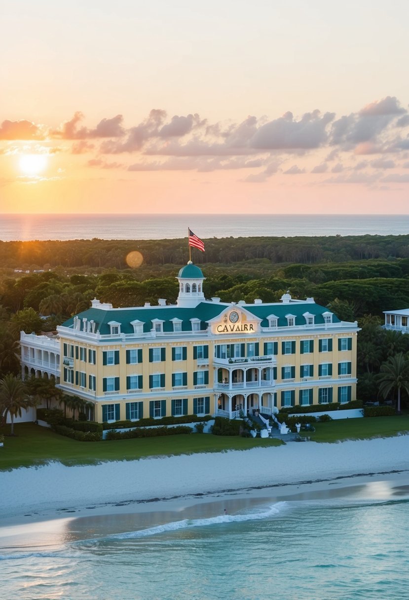 10 Best Resorts in Virginia for an Unforgettable Getaway 8 The grand Historic Cavalier Hotel and Beach Club stands against a backdrop of lush greenery and a pristine beach, with the sun setting behind it