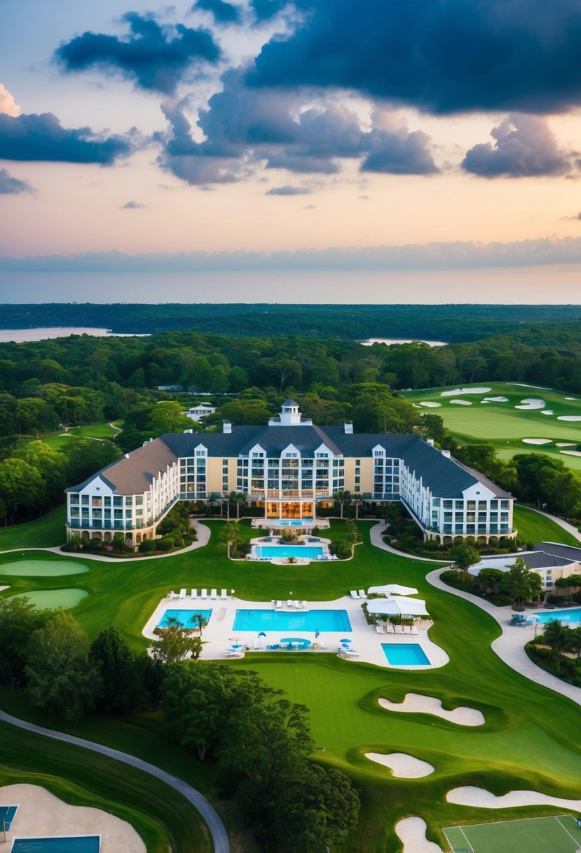 10 Best Resorts in Virginia for an Unforgettable Getaway 9 A sprawling resort nestled in lush greenery, with a grand main building and various amenities such as pools, golf courses, and tennis courts