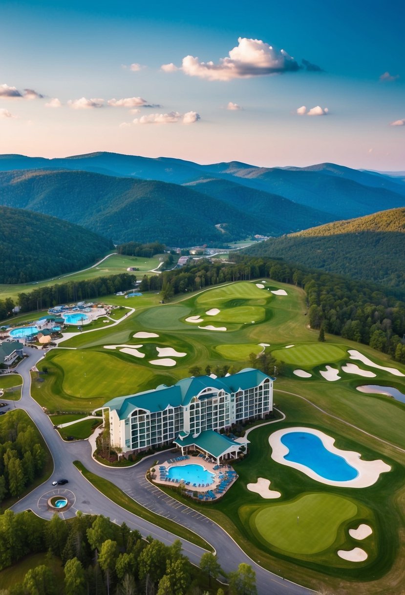 10 Best Resorts in Virginia for an Unforgettable Getaway 11 Aerial view of Massanutten Resort nestled in the Blue Ridge Mountains, with ski slopes, golf courses, and water park