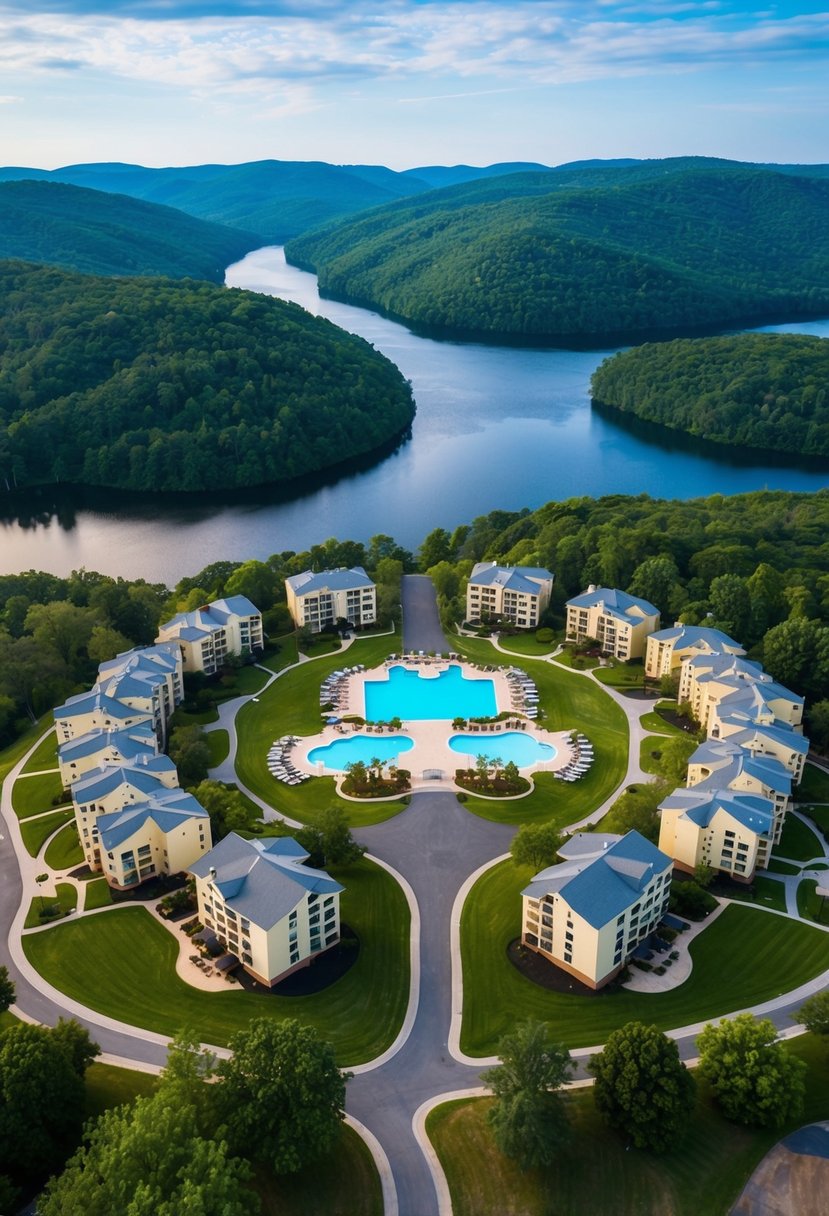 10 Best Resorts in Virginia for an Unforgettable Getaway 12 Aerial view of 10 luxurious resorts nestled in the rolling hills of Virginia, surrounded by lush greenery and overlooking serene lakes and rivers