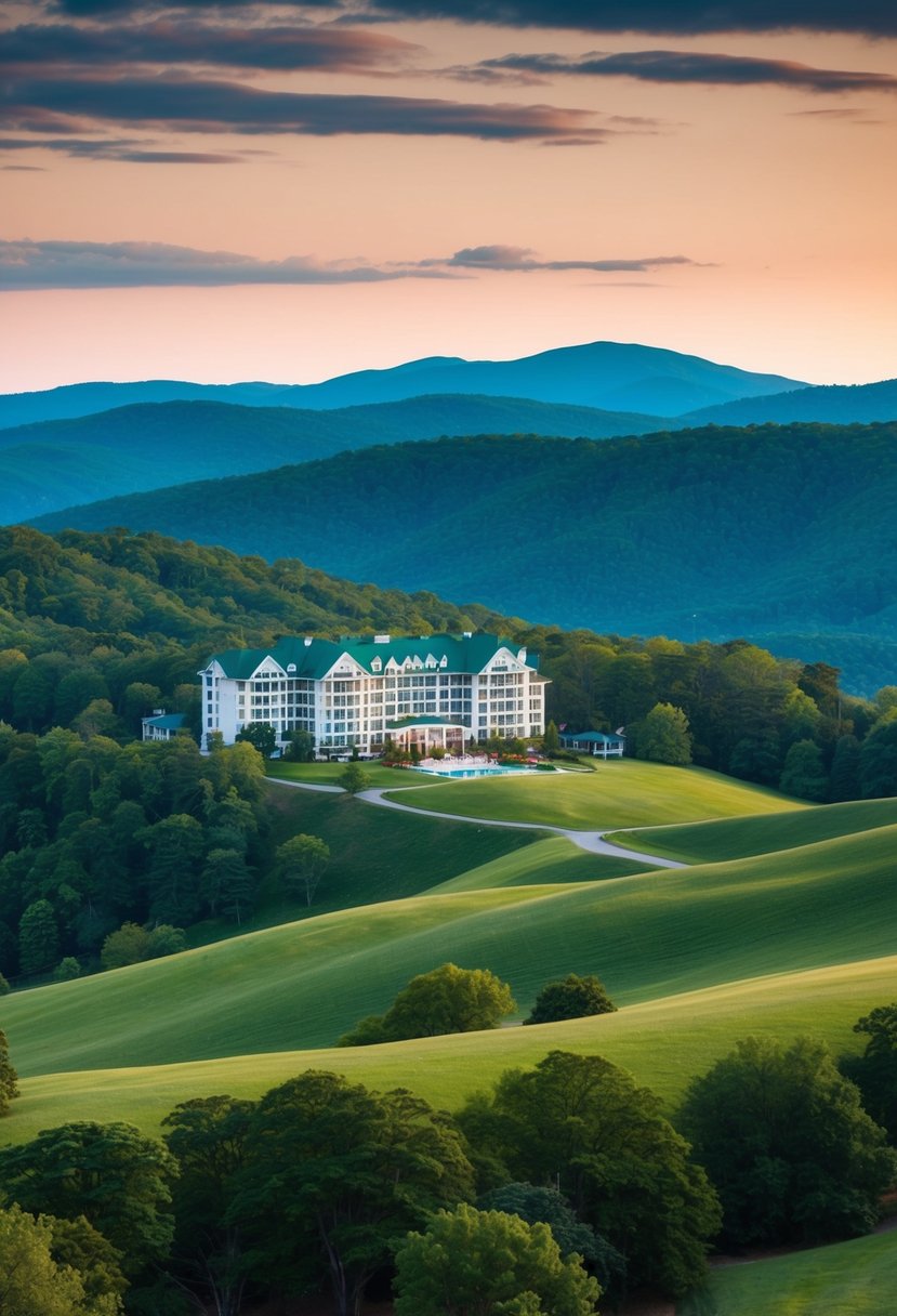 10 Best Resorts in Virginia for an Unforgettable Getaway 14 A serene landscape with rolling hills, lush greenery, and a grand resort nestled in the mountains of Virginia
