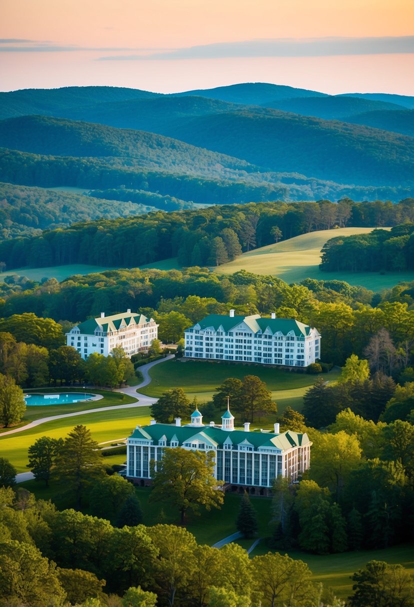 10 Best Resorts in Virginia for an Unforgettable Getaway 15 A picturesque landscape of rolling hills and lush forests, with elegant resort buildings nestled among the natural beauty of Virginia