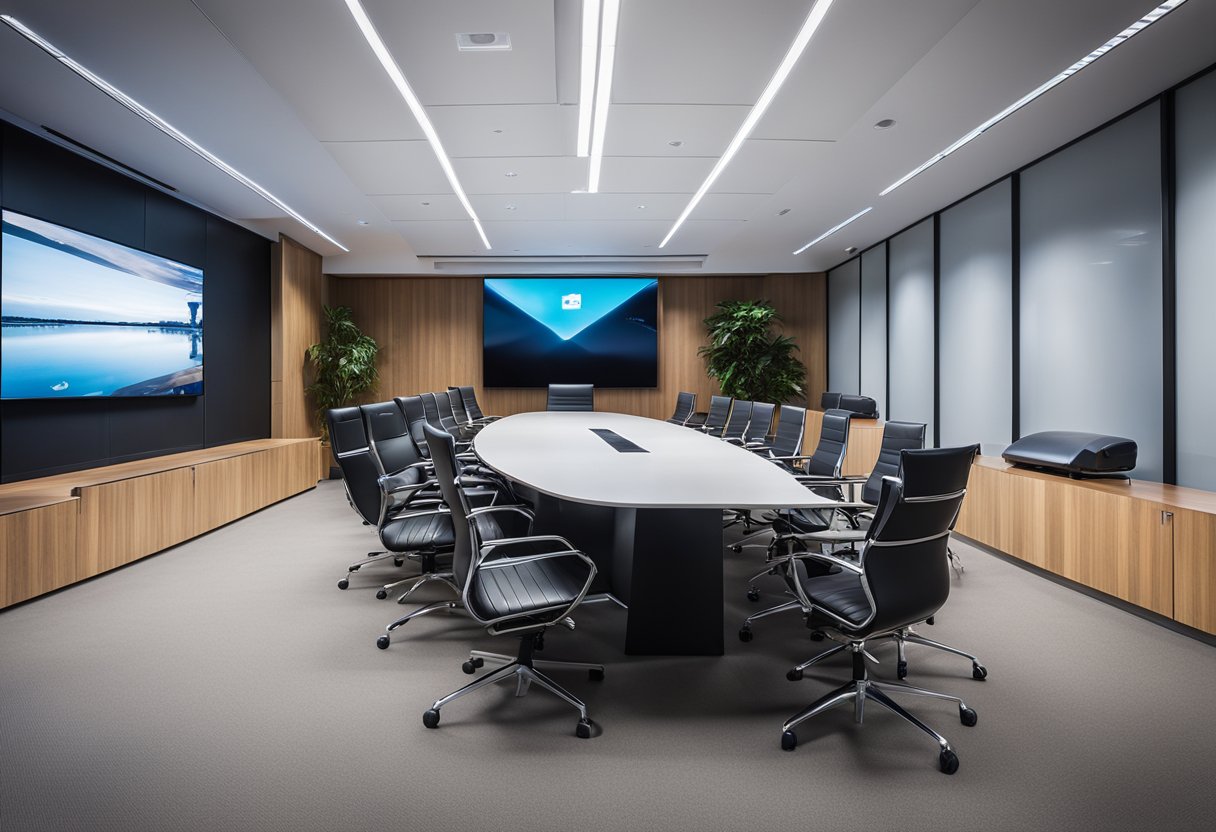 A sleek, modern meeting room with integrated technology, large interactive display, and smart control panel