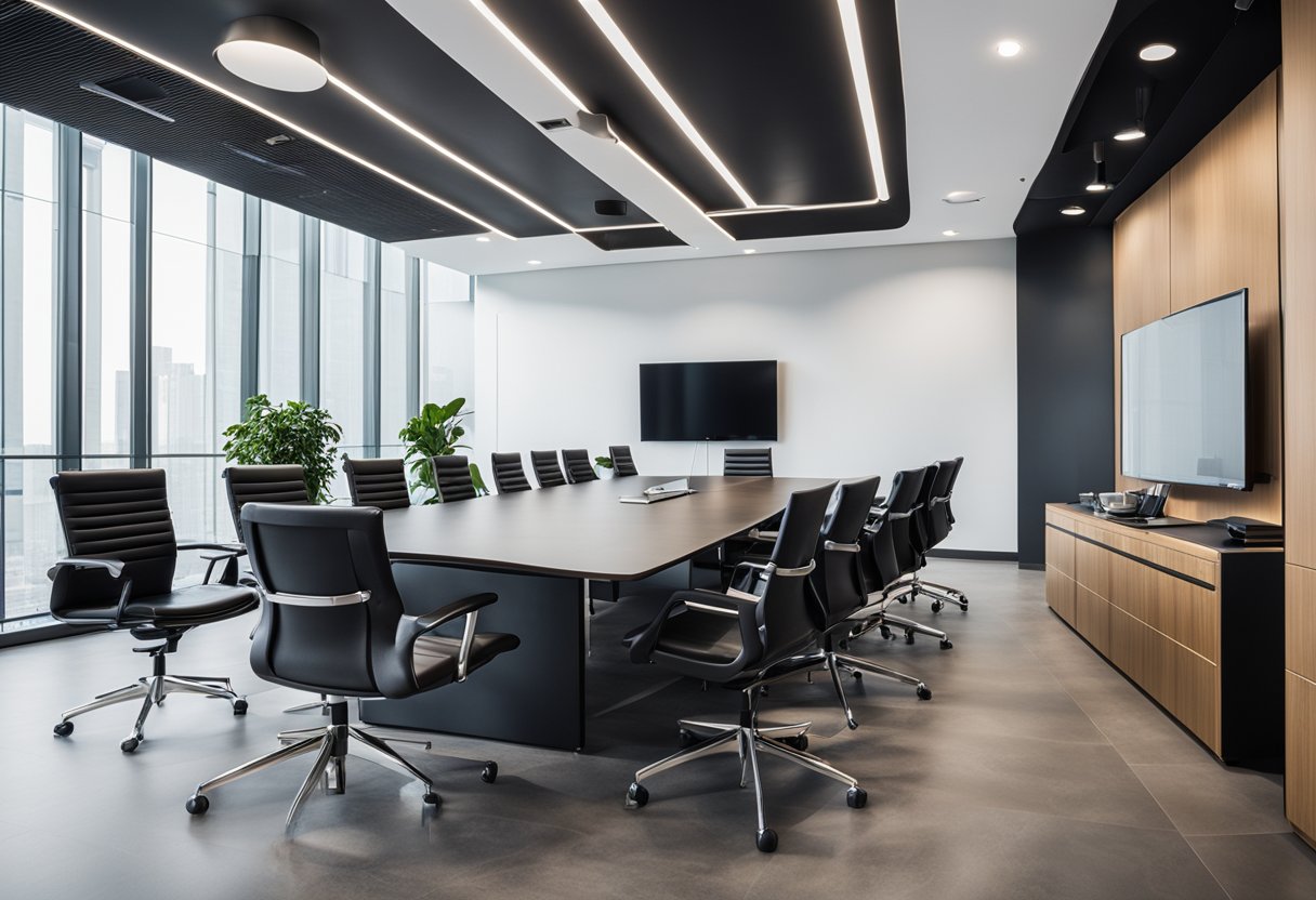 A modern meeting room with integrated technology and sleek furniture