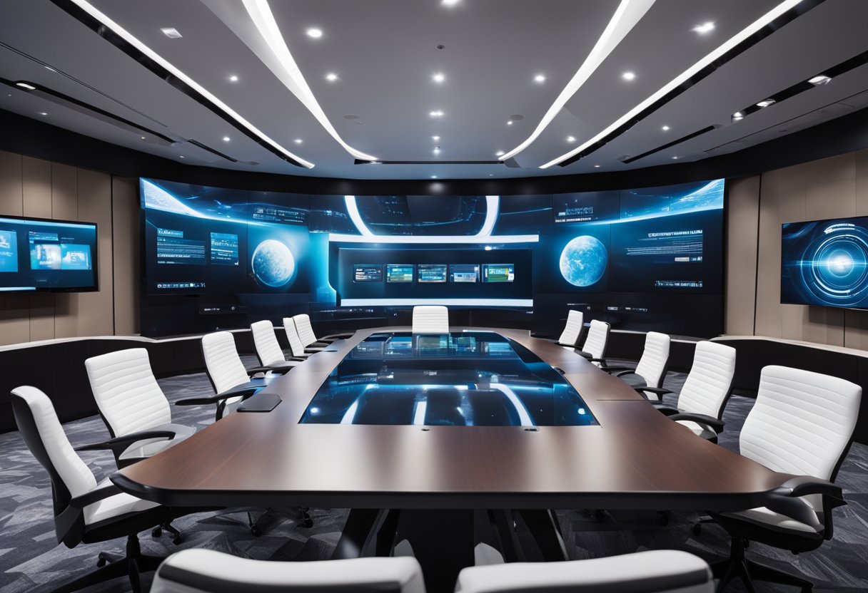 A sleek conference table with integrated touch screens and video displays, surrounded by futuristic chairs and advanced audio equipment