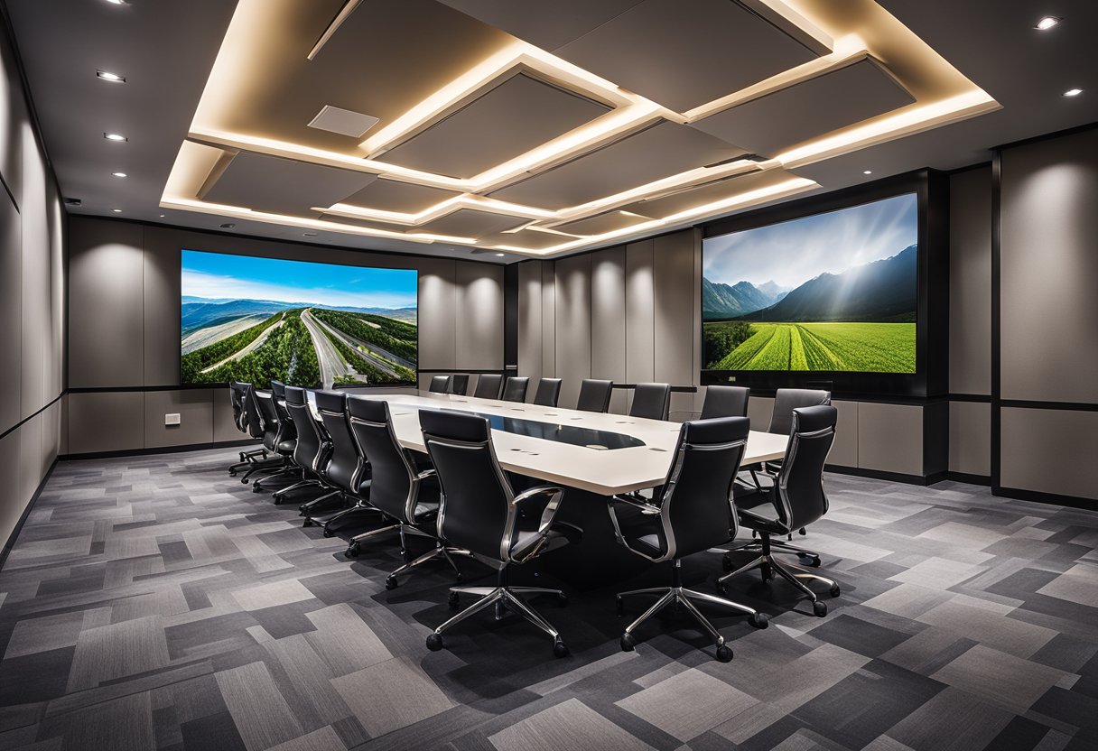 A modern meeting room with integrated technology and sleek design, featuring smart lighting, climate control, and interactive display