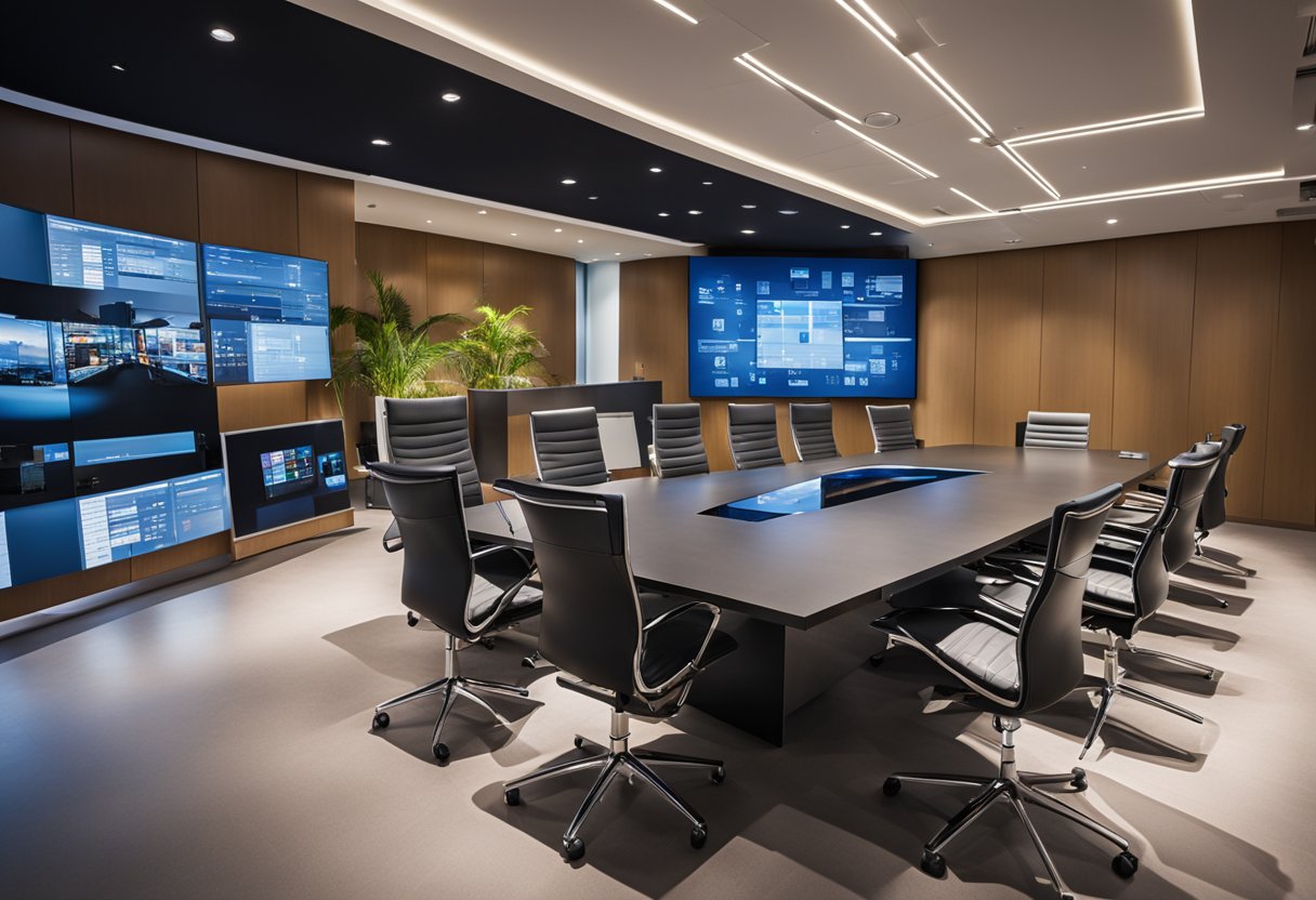 A modern meeting room with high-tech features and interactive displays