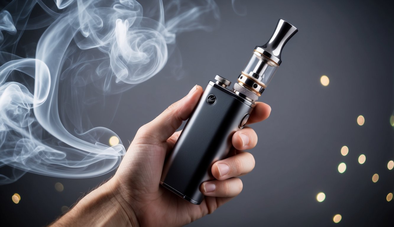 Sebuah tangan memegang vaporizer logam yang ramping, dikelilingi oleh asap yang berputar-putar