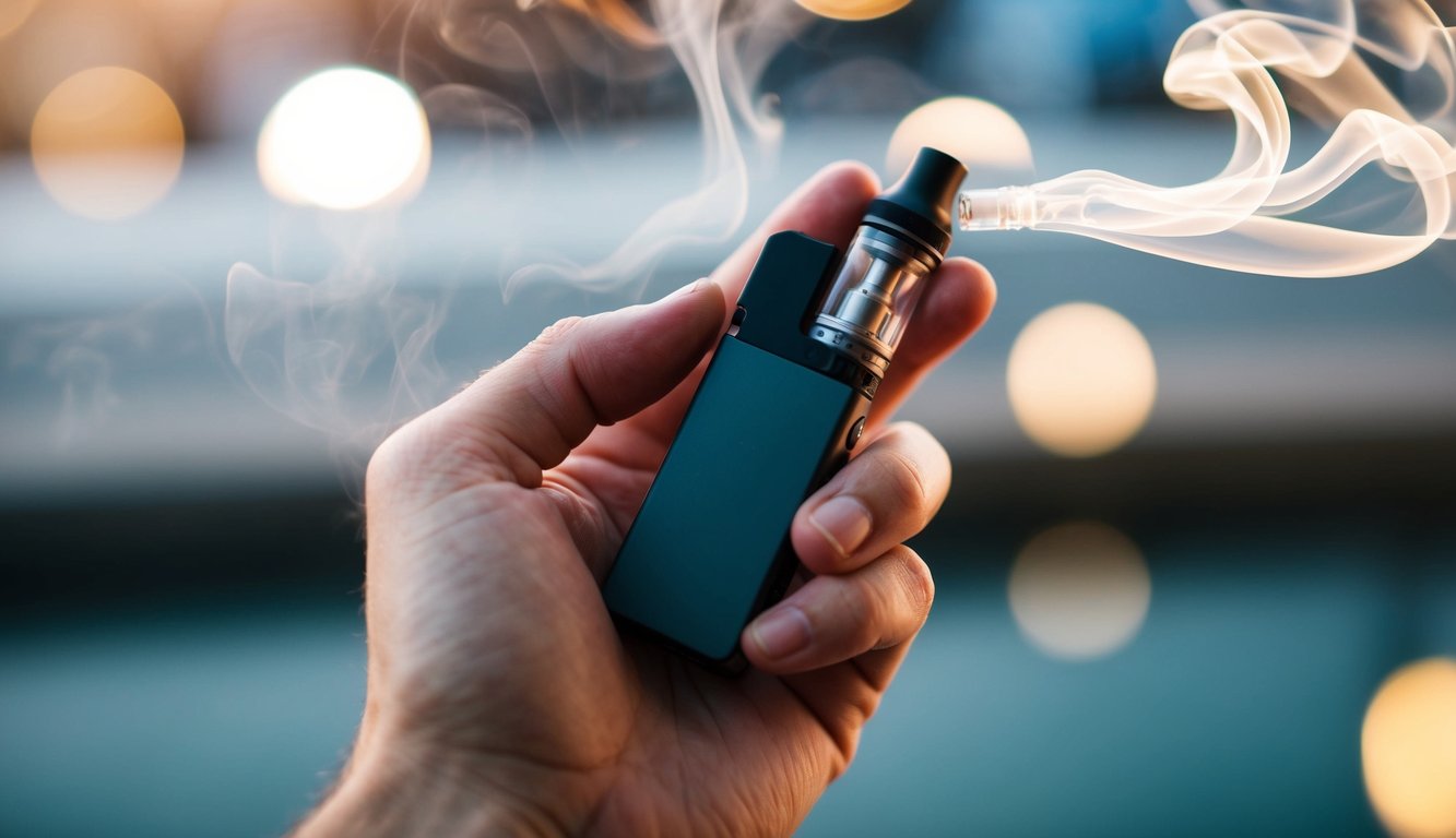 Sebuah tangan memegang perangkat vape sekali pakai, dengan uap berputar di sekitarnya
