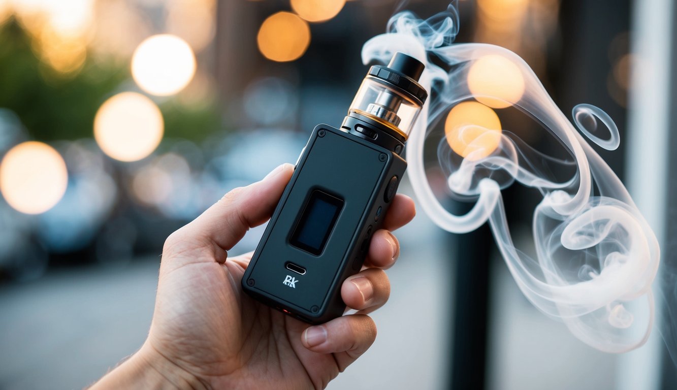 Sebuah tangan memegang Squonk Mod Vape, dengan uap berputar di sekitarnya