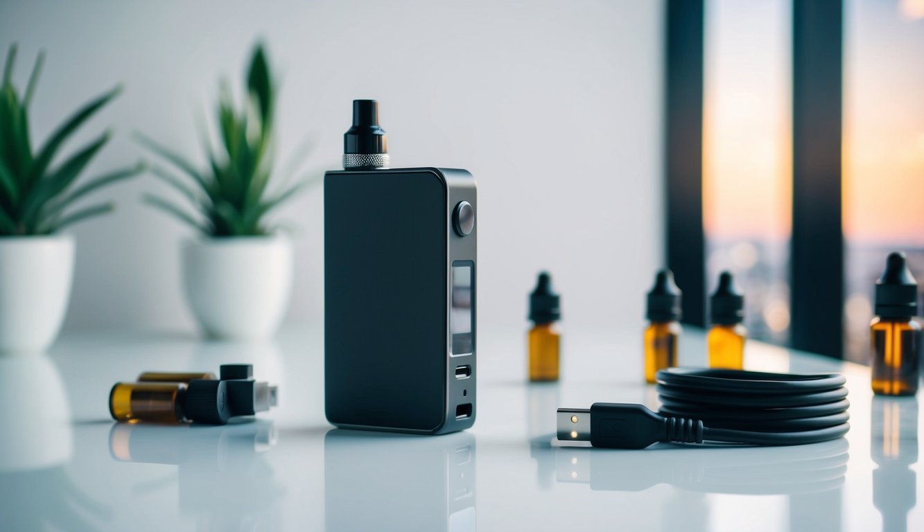 Sebuah perangkat pod mod yang ramping dan kompak terletak di atas meja modern yang bersih, dikelilingi oleh botol e-liquid yang berserakan dan kabel pengisian USB yang digulung.
