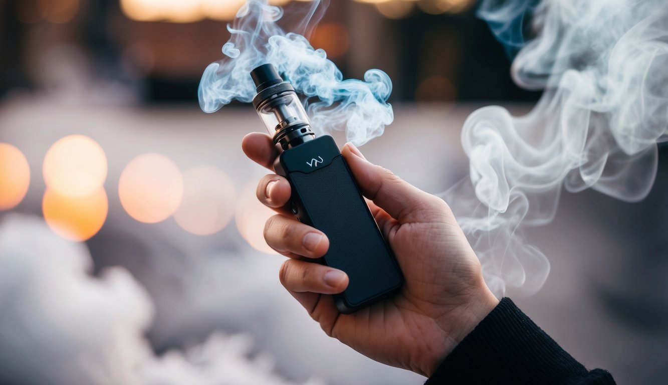 Sebuah tangan memegang vape cigalike, dikelilingi oleh awan uap