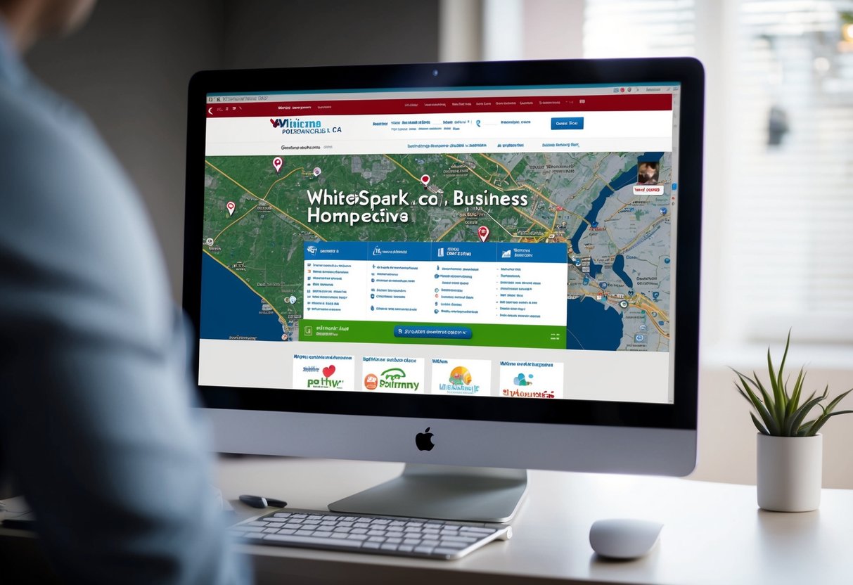 A computer screen with the Whitespark.ca homepage displayed, surrounded by various local business logos and maps
