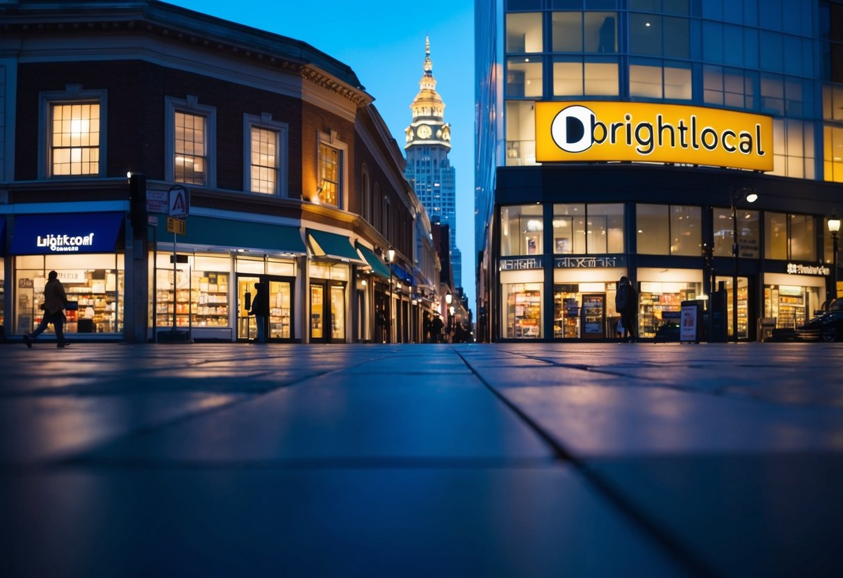 A bustling cityscape with a glowing, vibrant local business district, featuring various storefronts and a prominent BrightLocal logo atop a building