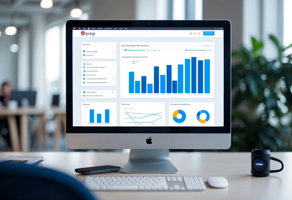 A computer screen displaying the Synup SEO tool dashboard with various analytics and optimization features