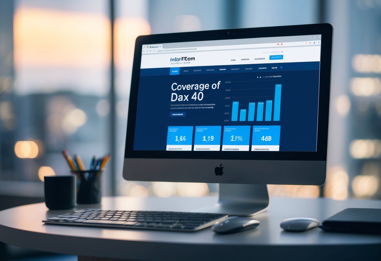 A computer screen displaying FintechZoom's website with the headline "Coverage of DAX 40" and relevant financial charts and graphs