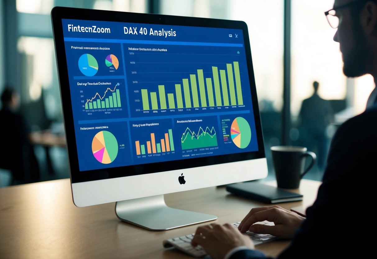 A computer screen displaying FintechZoom's DAX 40 analysis with various financial charts and graphs