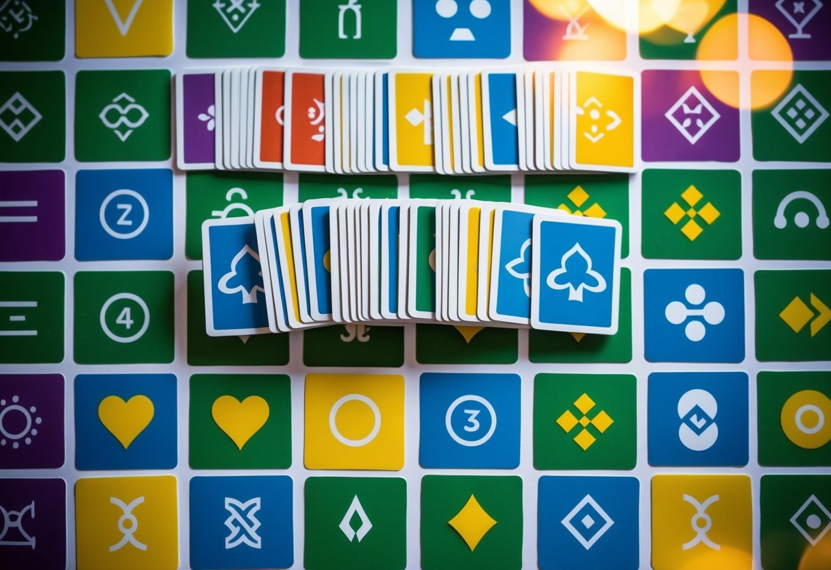A colorful grid of various symbols arranged in rows and columns, with a few cards flipped over to reveal matching pairs