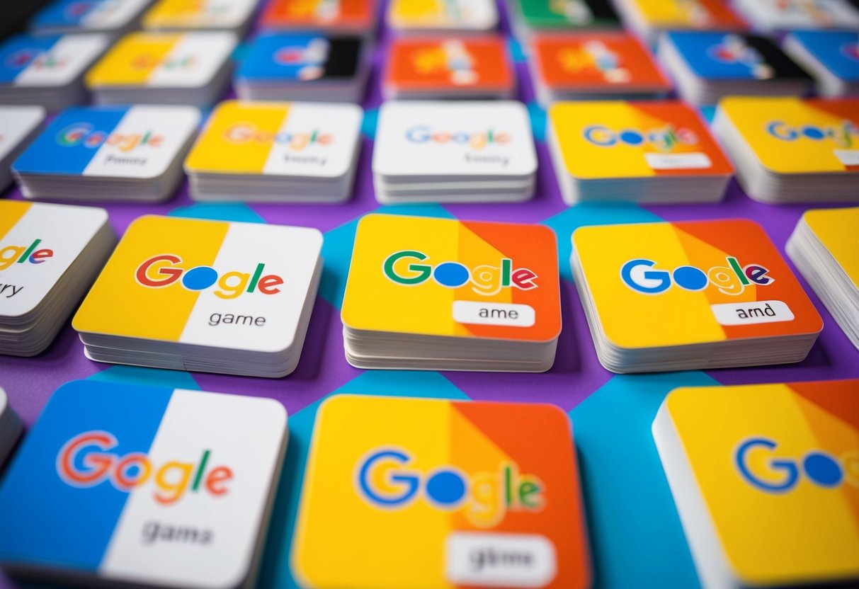 A colorful array of Google-themed memory game cards arranged in a grid pattern, with the Google logo prominently displayed on the back of each card