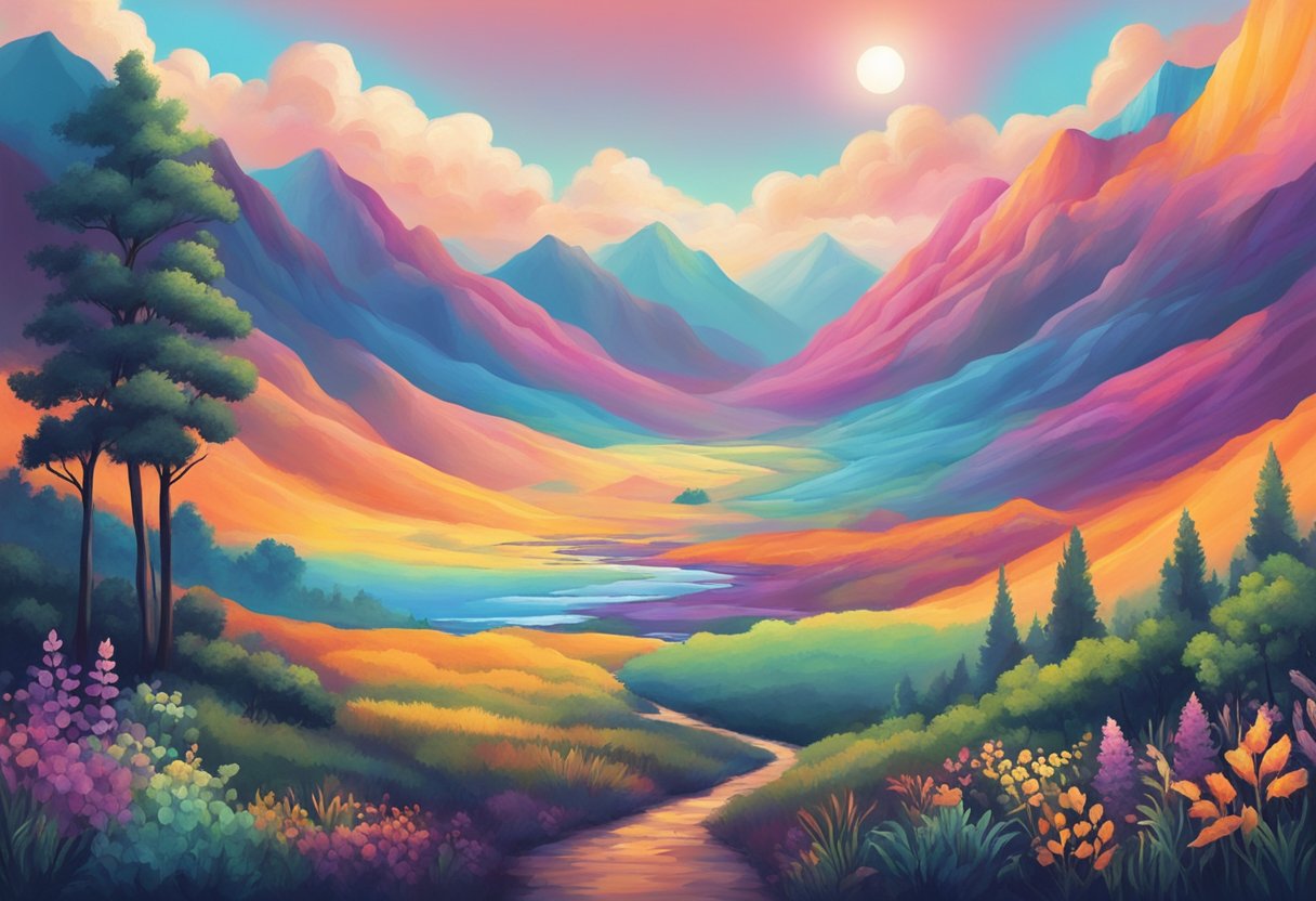 A serene nature scene with a spectrum of colors and light, from dark and heavy to bright and uplifting, symbolizing the transition from low vibes to high vibes