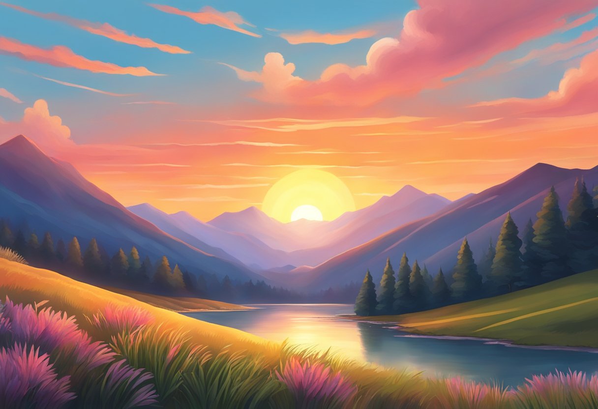 A serene sunset over a mountain landscape, with vibrant colors and a sense of peace and gratitude emanating from the scenery